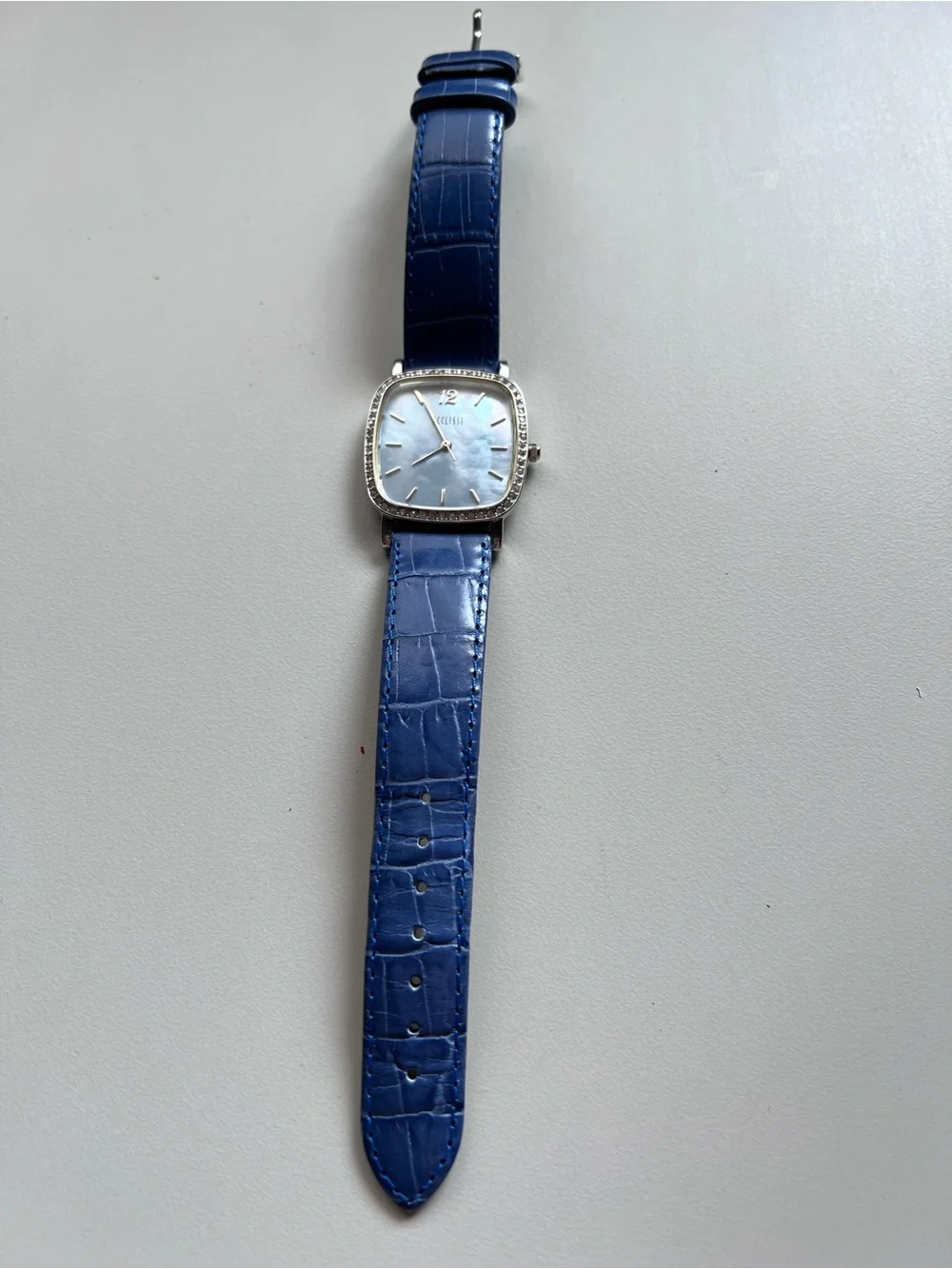 Vintage Ecclissi Blue MOP Dial Crystal Bezel Blue Leather Band Watch